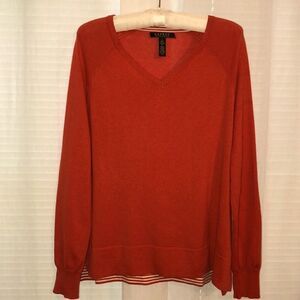 LRL L Orange Inner White Stripe Details Long Sleeve V-Neck High Low Pullover